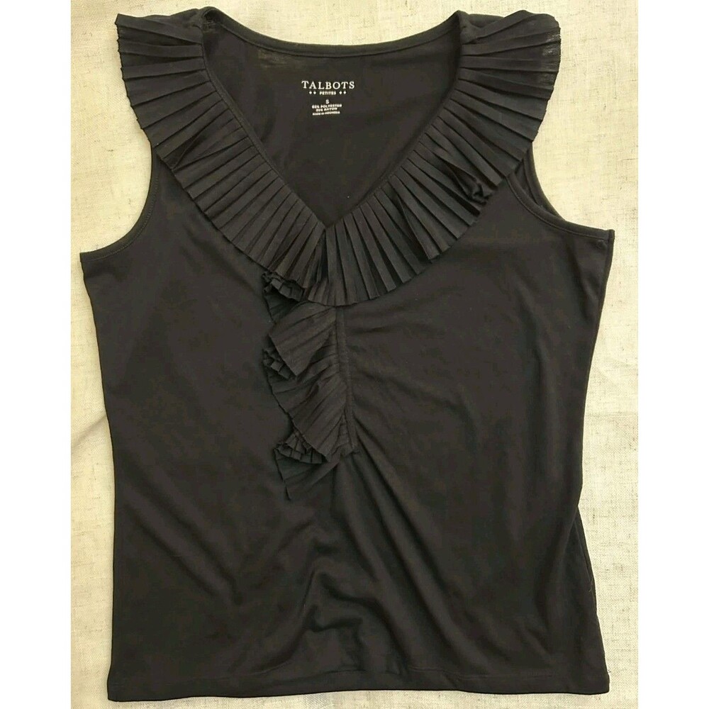 Talbots Blouse Top Tank Pleated Ruffled Neck and Front Womens Size Small Black